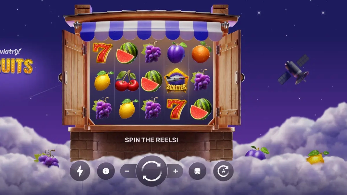 Interface do jogo Aviatrix Fruits exibindo rolos clássicos e elementos do metaverso